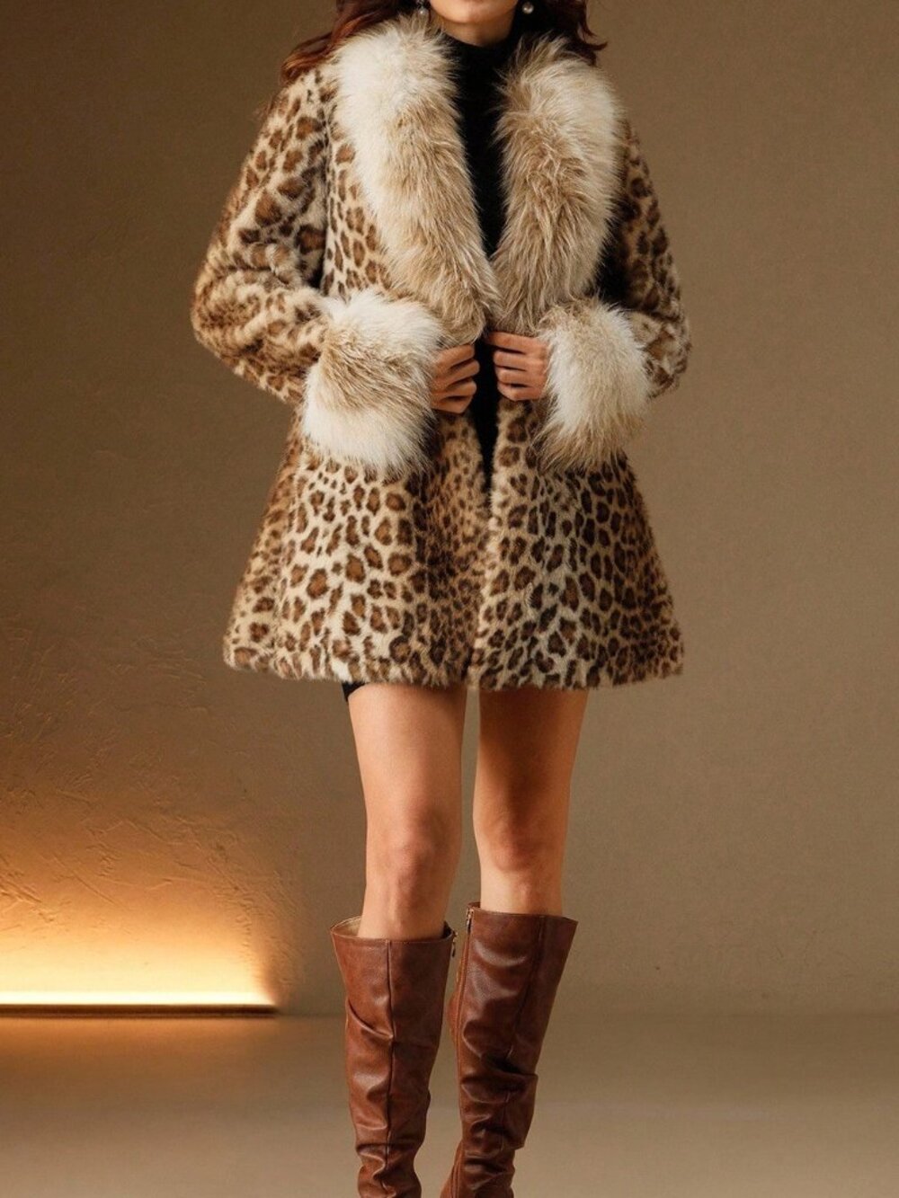 Brown Casual Women's Leopard Pattern Fluffy Fuzzy Coat - Picture 4 of 8
